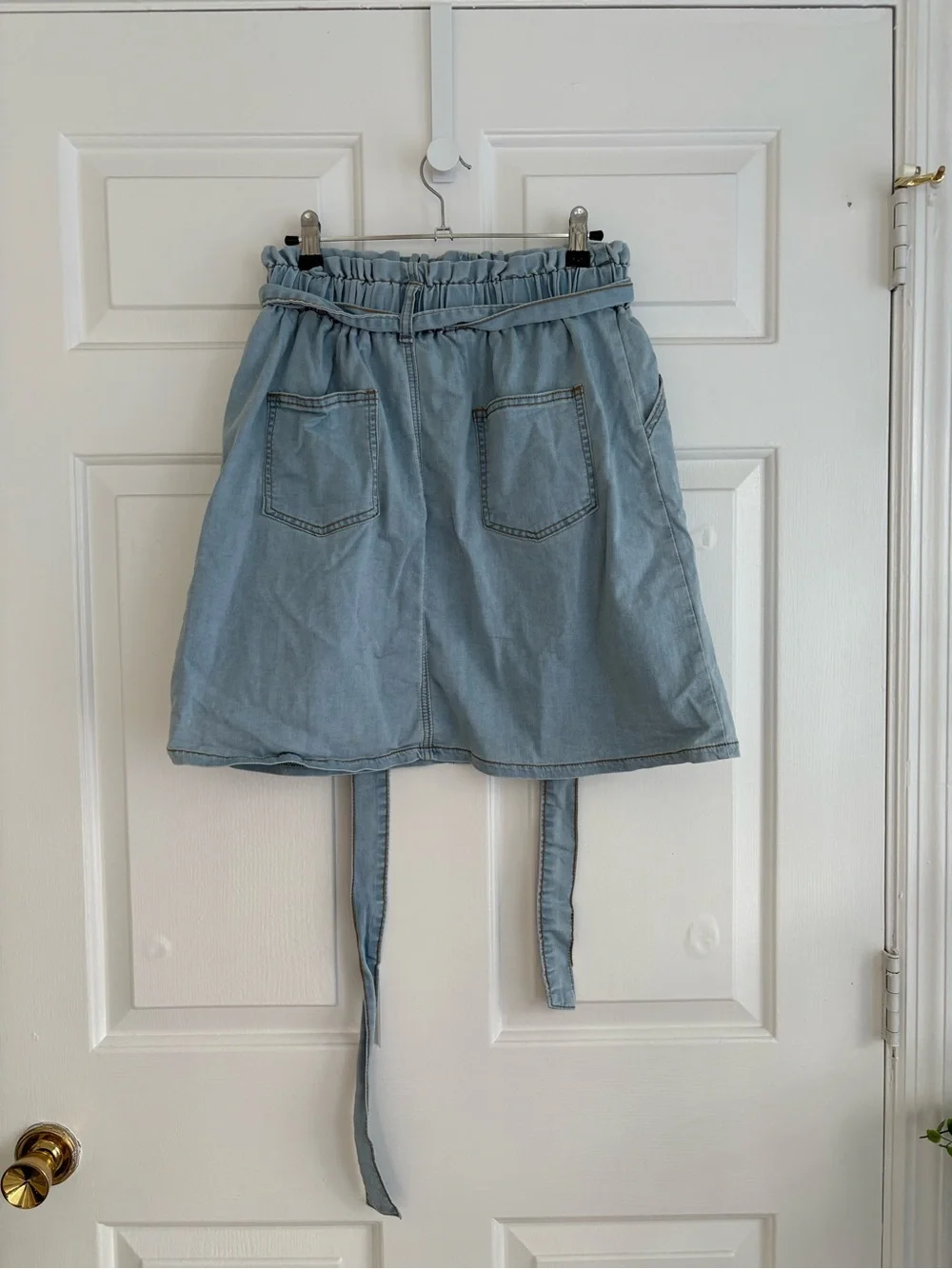 Light Blue Denim Button-Front Paperbag Mini Skirt